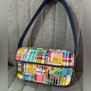STAUD Tommy Beaded Shoulder Bag in Patchwork Plaid